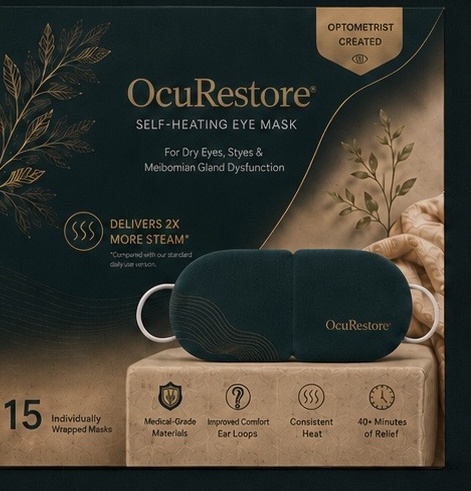 OcuRestore Self-Heating Eye Mask retail box beside an individually wrapped pouch