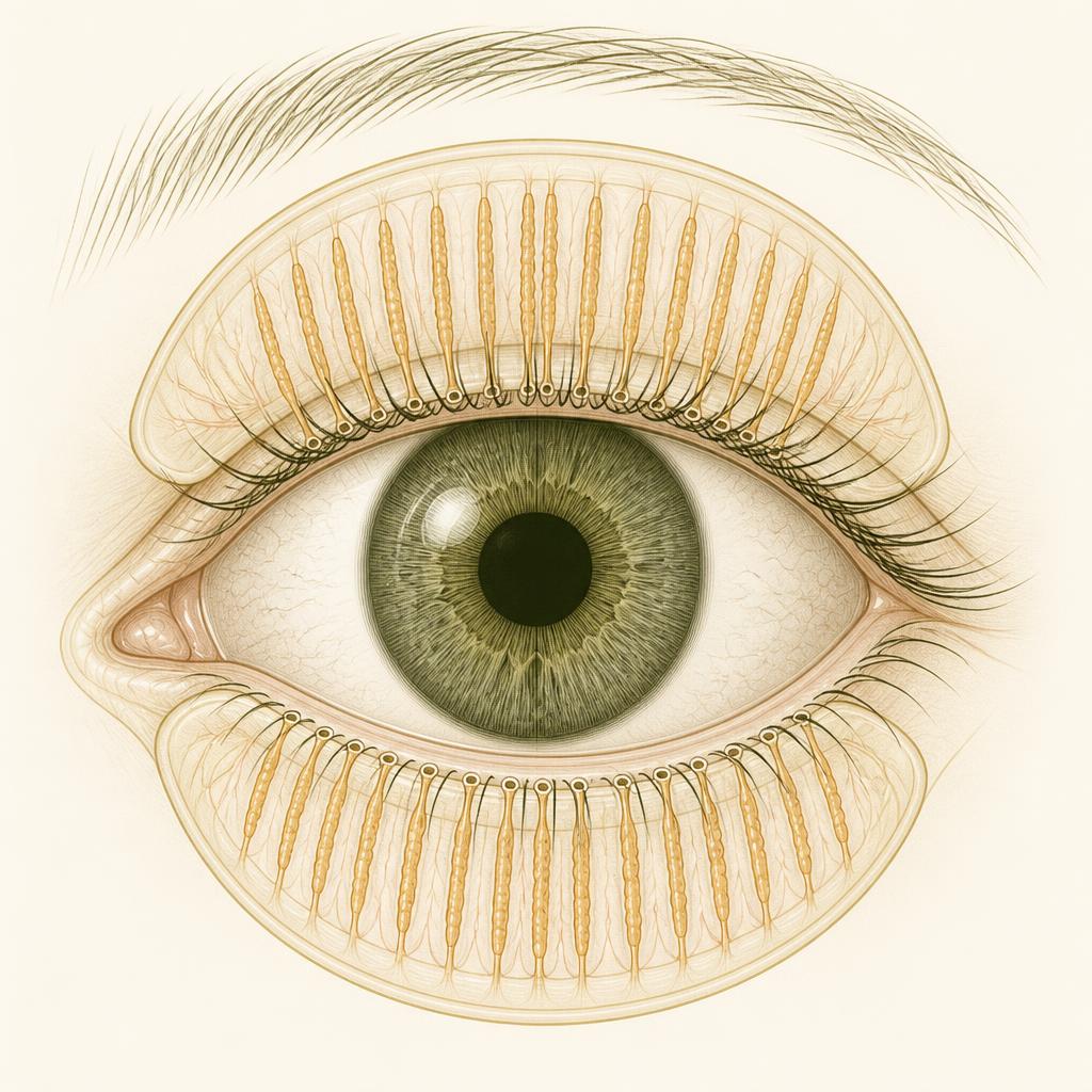 Illustration of an eye showing the meibomian glands running through both the upper and lower eyelids